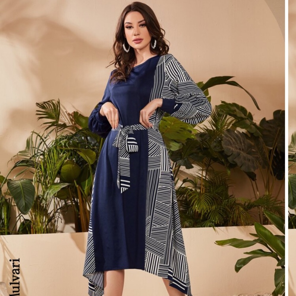 SHEIN Mulvari Striped Panel Lantern Sleeve Belted Dress
